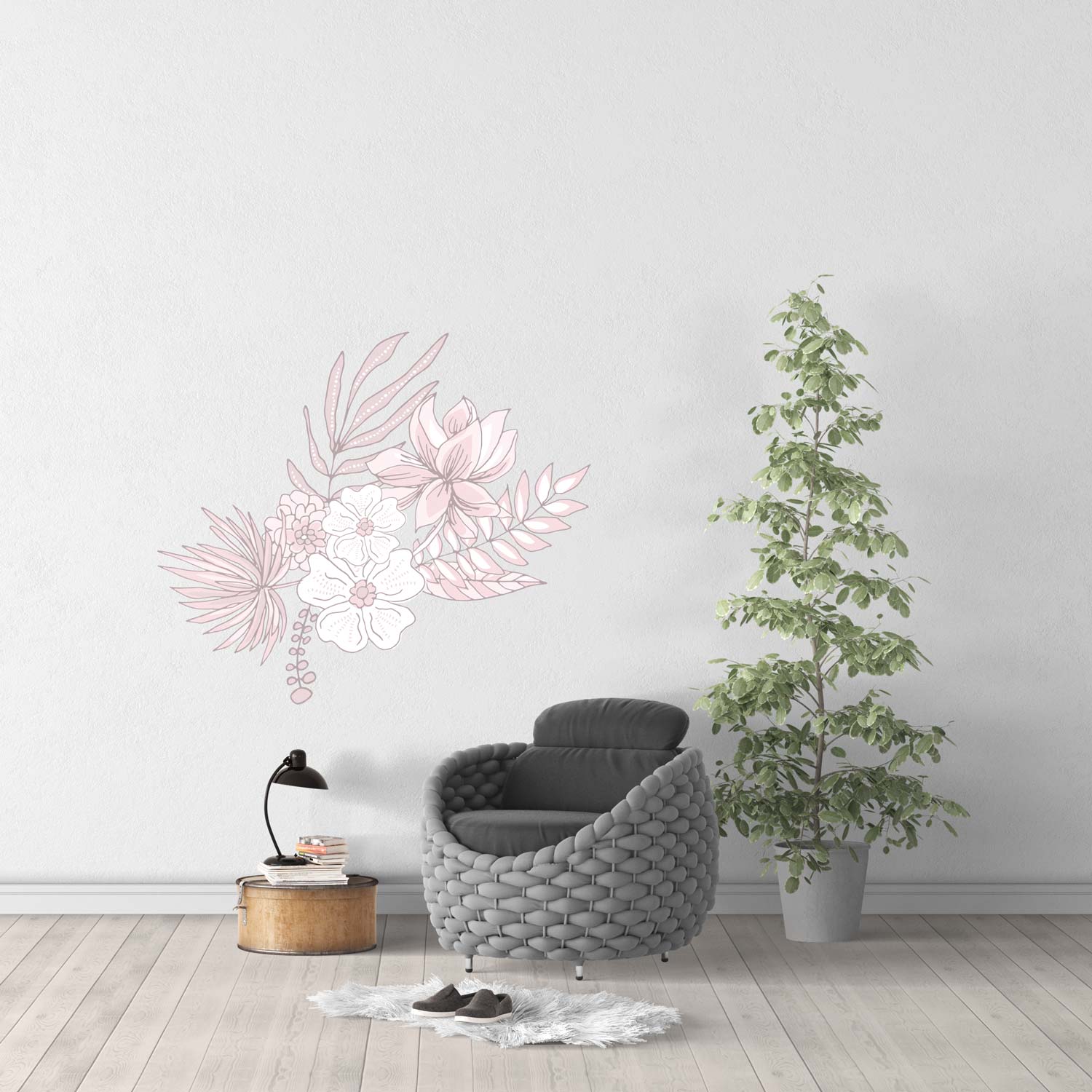 Autocollants muraux décoratifs, plantes, fleurs en pot, papillon