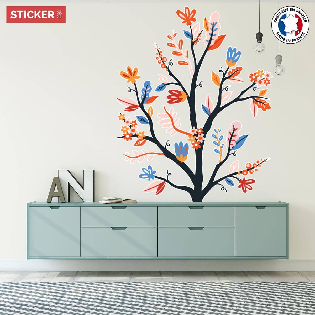 Sticker mural branche fleurs vertes