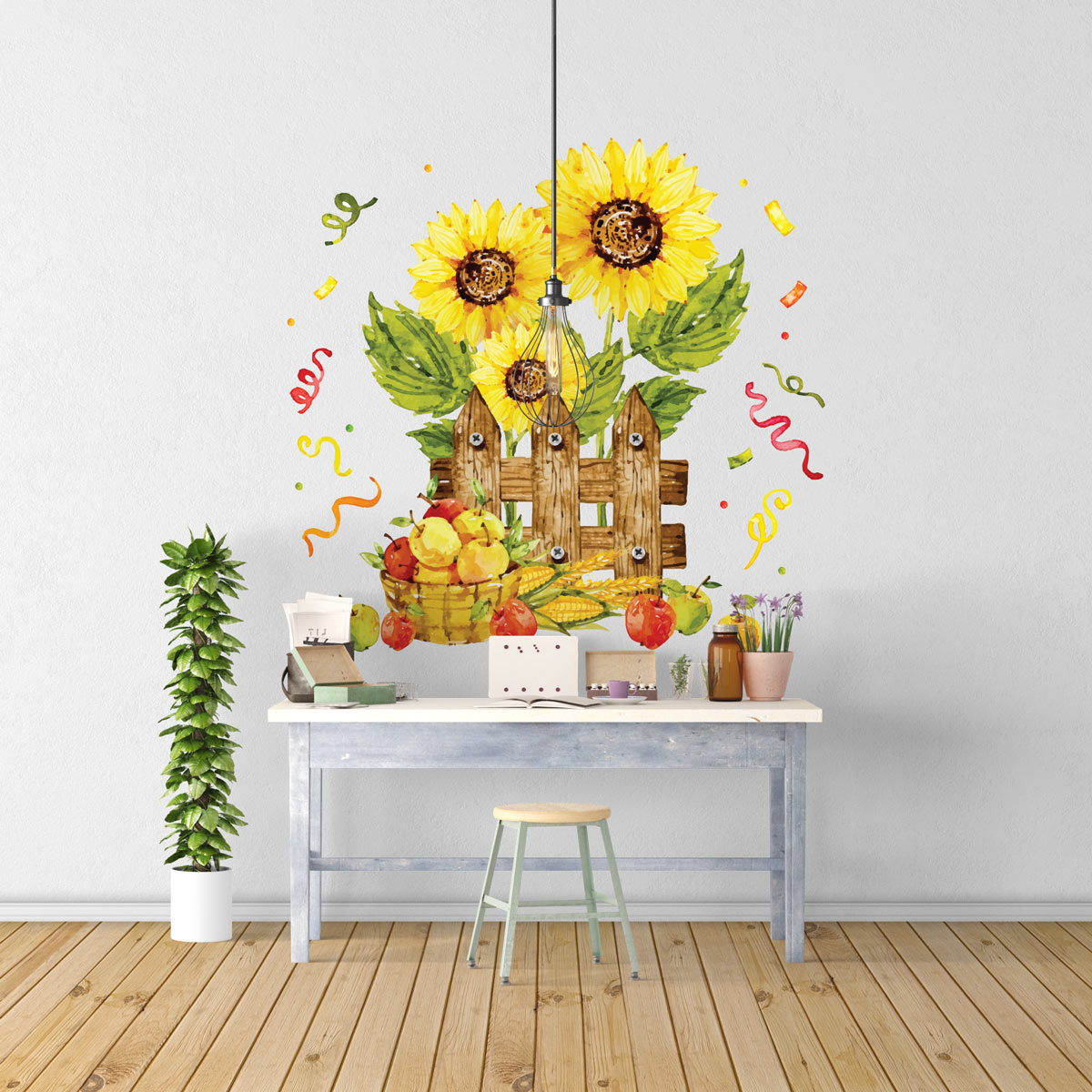 Sticker mural Fleur de tournesol avec des feuilles, isolé sur fond