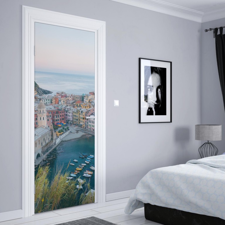 Sticker Porte Vue Sur Mer - Autocollant Mural PVC 77x200 Cm - Effet Trompe-l'œil Grotte - Amovible Et Imperméable
