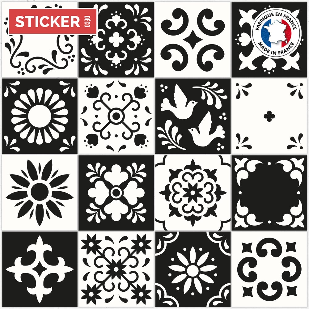 Stickers carreaux de ciment Noir - Gris. Planche 12 adhésifs Greyblack