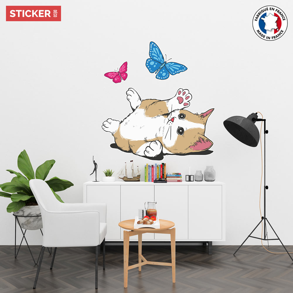 Stickers chat. Décoration murale chat et papillon. Autocollant chat.