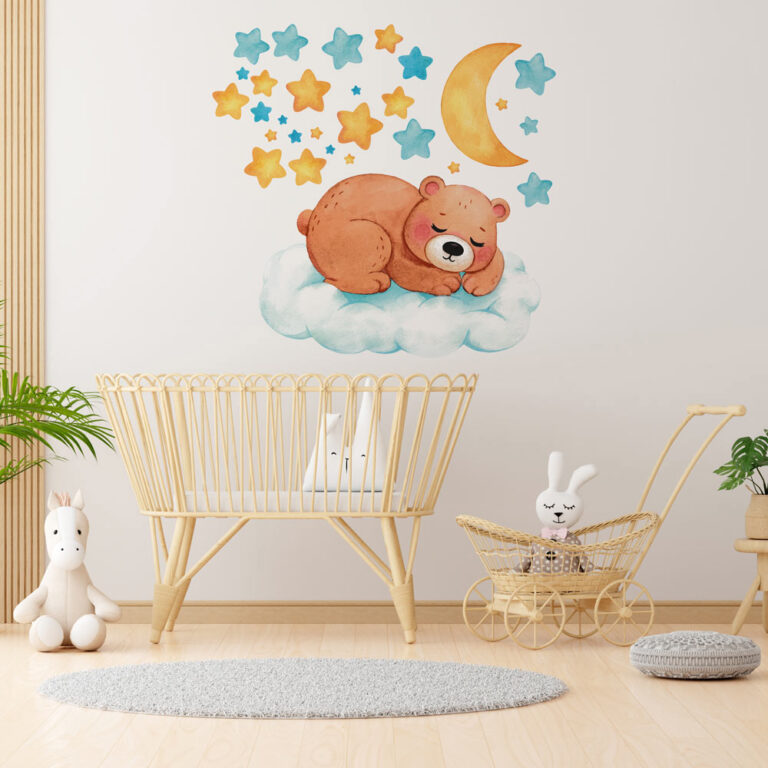 Sticker mural - Ourson, lune et étoiles (bleu) sticker phosphorescent