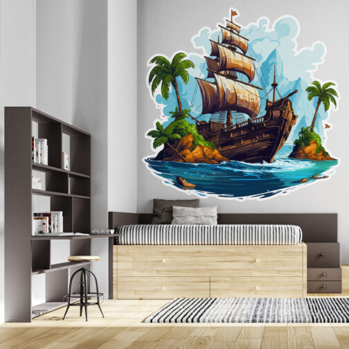 Sticker Bateau Pirate Île Tropicale