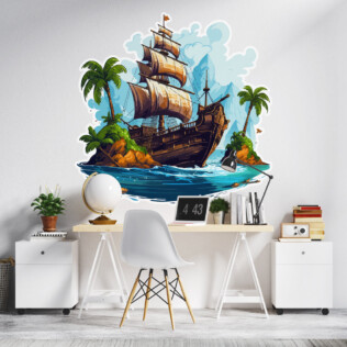 Sticker Bateau Pirate Île Tropicale